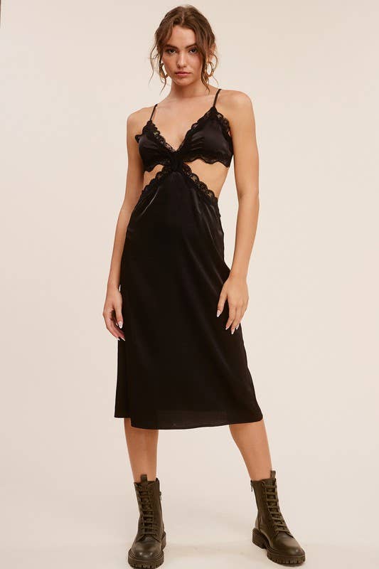 Satin & Lace Midi Dress with Side Cutouts