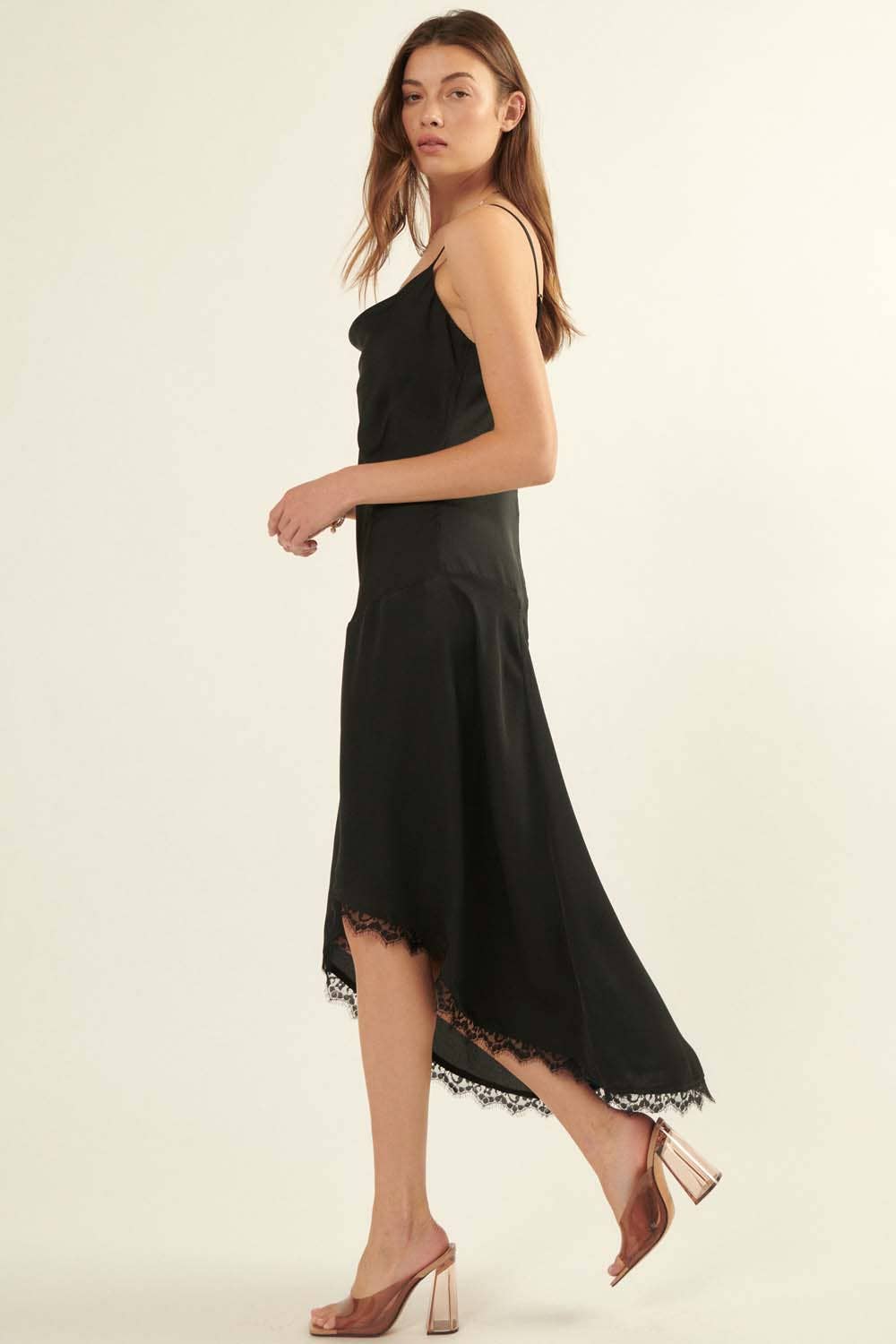 Lace-Trimmed High-Low Draped Crepe Satin Dress