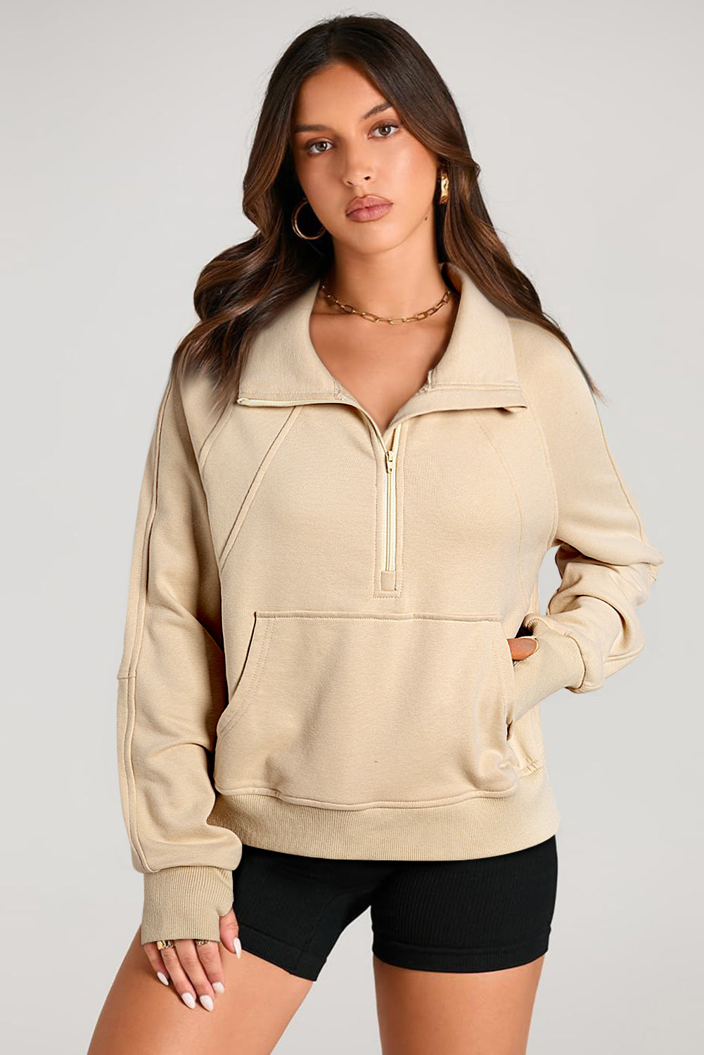 Light Grey Quarter Zip Stand Neck Kangaroo Pocket Sweatshirt