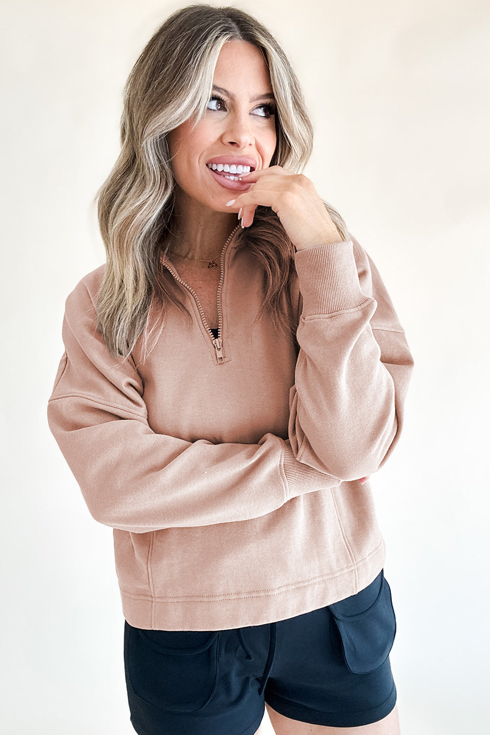 White Zipped Neck Pullover Drop Shoulder Sweatshirt