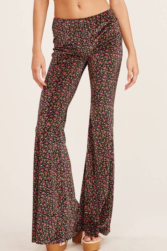 High-Waisted Mini Floral Print Flared Pants