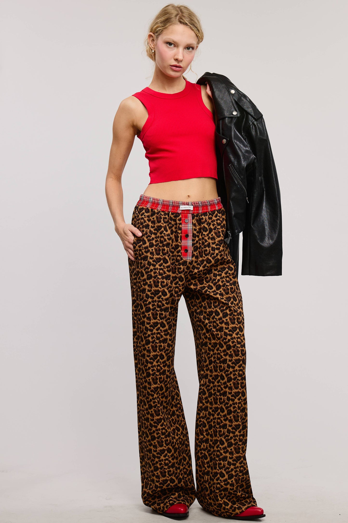 Plaid Flannel Contrast Waistband Leopard Print Pants