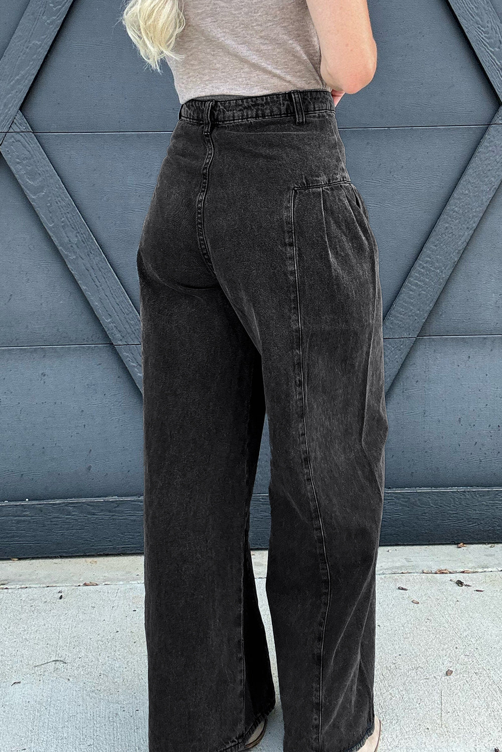 Dark Grey Pleated Wide Leg Mineral Wash Denim Pants