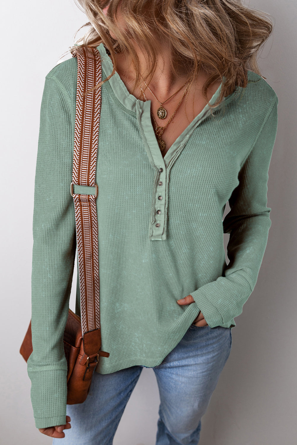 Coffee Acid Wash Waffle Knit Buttoned Neckline Long Sleeve Top