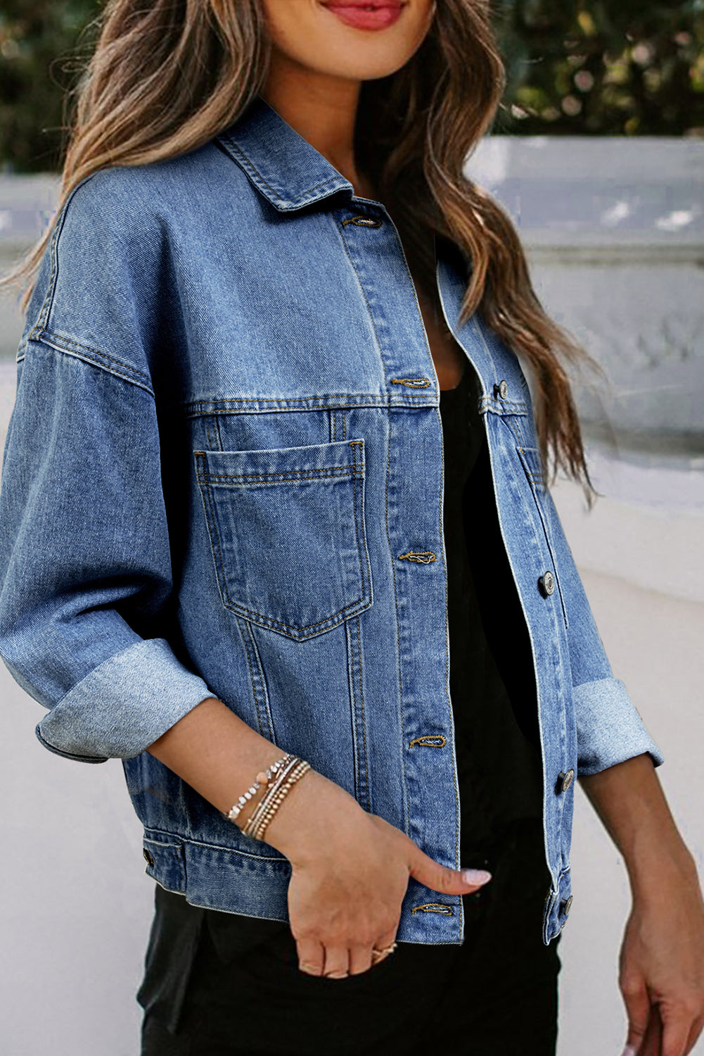 Sky Blue Stripe Washed Oversize Pocketed Denim Jacket