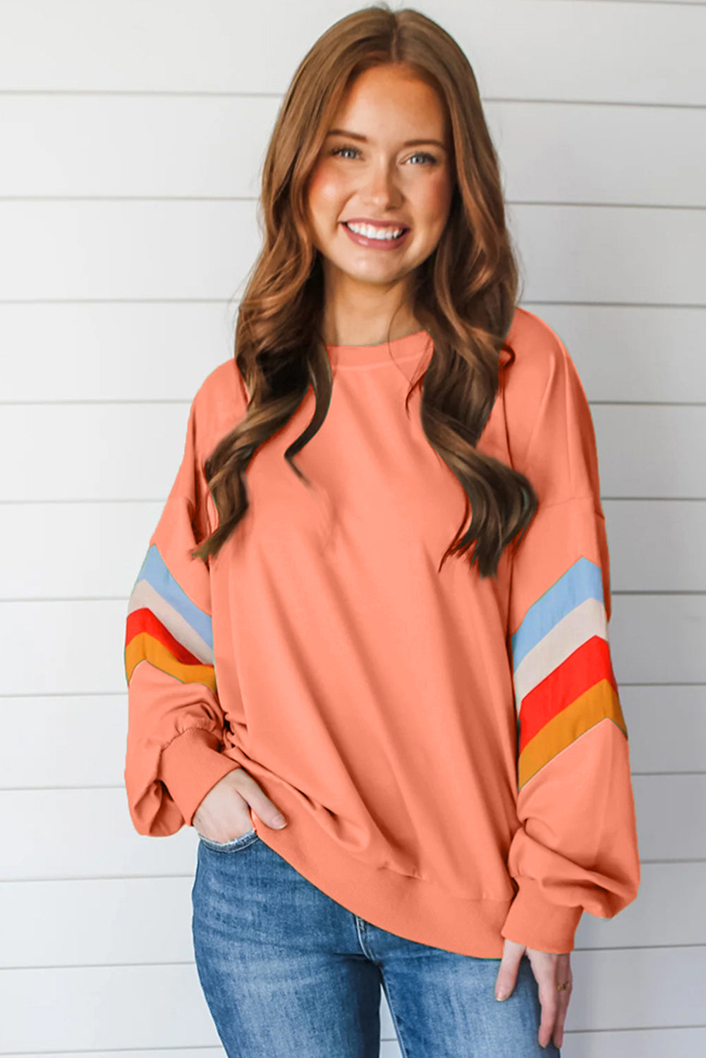 Moonlight Jade Rainbow Striped Sleeve Crew Neck Loose Sweatshirt