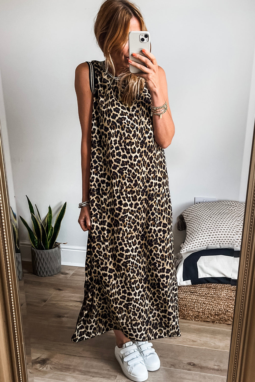 Black Contrast Striped Trim Leopard Sleeveless Maxi Dress