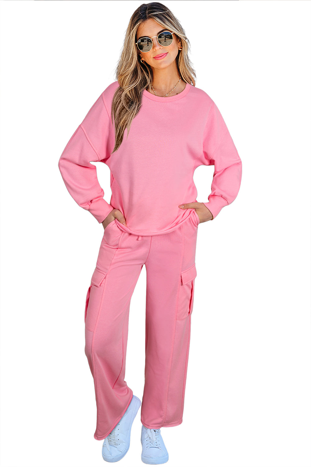 Sachet Pink Solid Color Patchwork Pullover Top and Cargo Pants Set