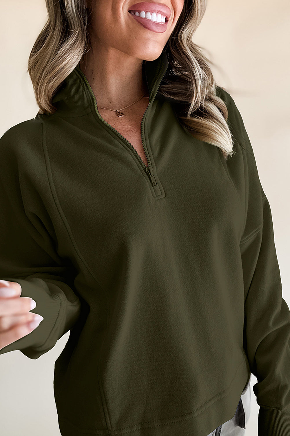 White Zipped Neck Pullover Drop Shoulder Sweatshirt